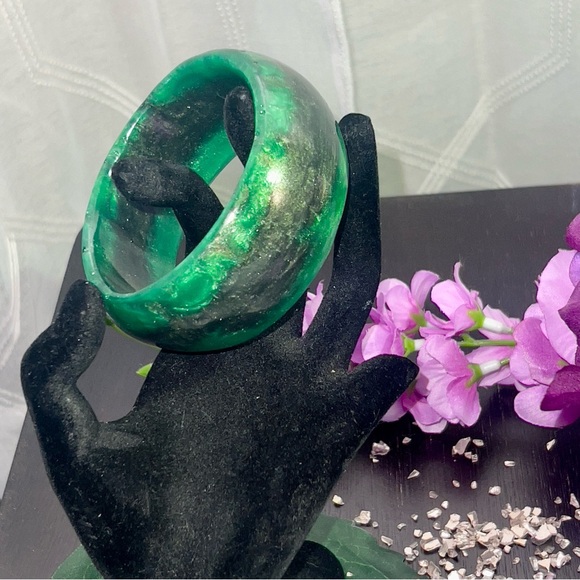 Luscious Dark Jungle Green Swirled Golden Black Wide Bangle Bracelet Handcrafted - Picture 6 of 11